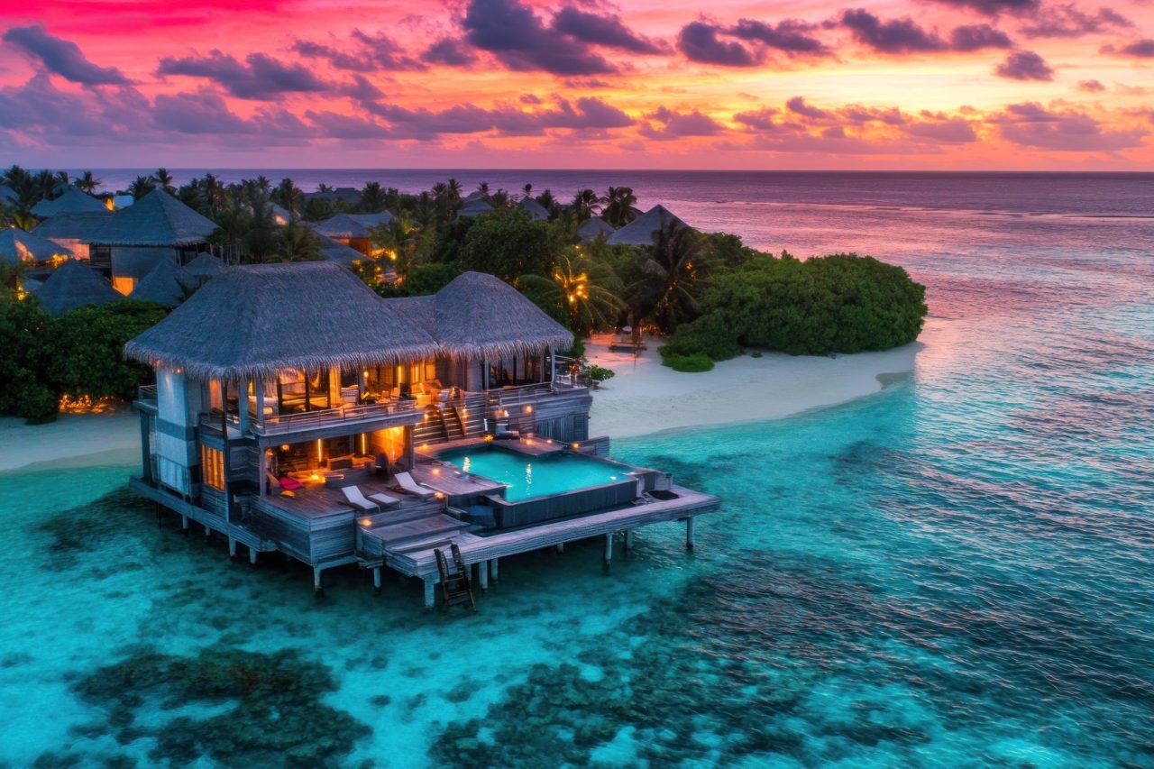 A luxurious overwater bungalow with a private pool, illuminated at sunset, creating a serene and romantic atmosphere in the Maldives.